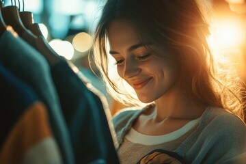 Wall Mural - A person smiling and gazing at their mobile device