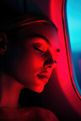Poster - Emotive Portrait of a Traveler Bathed in Vibrant Colors Reflecting Serenity and Introspection While Flying