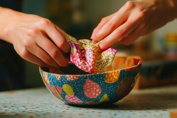 Poster - A person placing fabric into a bowl on a table
