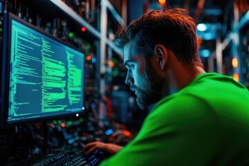 Poster - a person in a green shirt is focused on their laptop, likely working or studying