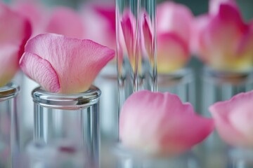 Wall Mural - A close-up of multiple glass vases filled with pink flowers, perfect for decorating a table or shelf