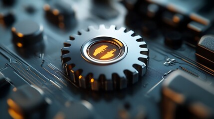 Poster - Illuminated gear with a cutting tool icon on a technological surface.