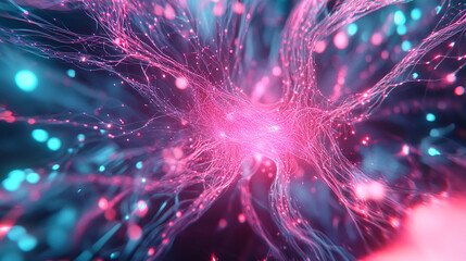 Aufkleber - A close-up view of glowing neural connections with vibrant pink and blue light, symbolizing brain activity, neuron connections, and the flow of data in a digital or biological network.