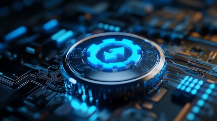 Aufkleber - Futuristic digital gear with upward arrow on circuit board.