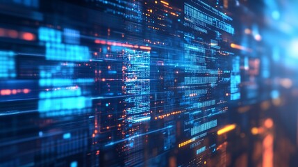 Poster - Abstract Digital Data Stream Visualization: Blue and Orange Binary Code Flowing Through Cyberspace