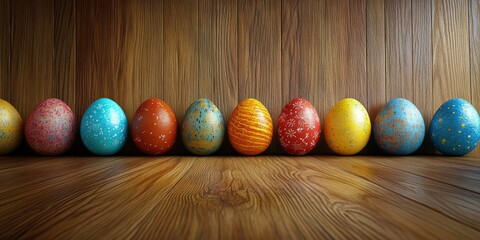 Colorful decorated Easter eggs arranged on a wooden surface during spring festivities