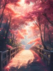 Wall Mural - Sunlit path through a pink blossom forest with wooden bridge.