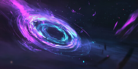 An ethereal black hole with an accretion disk radiating neon purple and cyan light, bending space-time in a hypnotic vortex.