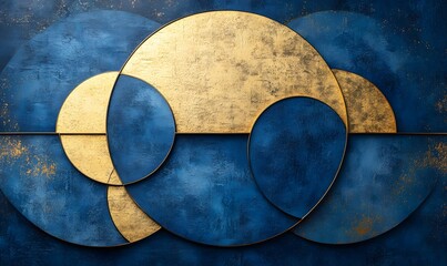 Poster - Geometric Art with Overlapping Circles in Blue and Gold Tones on Textured Background