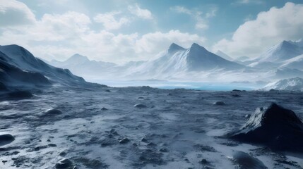 Wall Mural - Frozen lake nestled amidst snow-capped mountains under a partly cloudy sky.