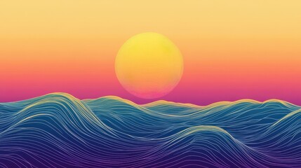 Poster - Retro futuristic landscape shows sunset over the waves