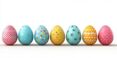 Colorfully decorated Easter eggs arranged on a white background for spring celebrations and festive gatherings