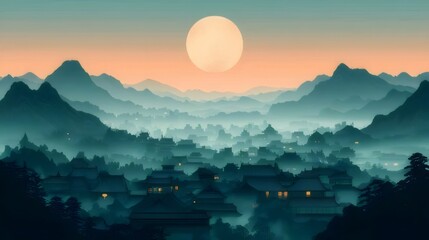 Wall Mural - Misty mountain village at sunset, full moon.