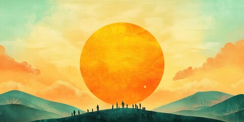 Wall Mural - People stand before a giant sun atop rolling hills