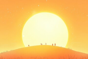 Wall Mural - Silhouetted people stand atop a hill against a giant sun