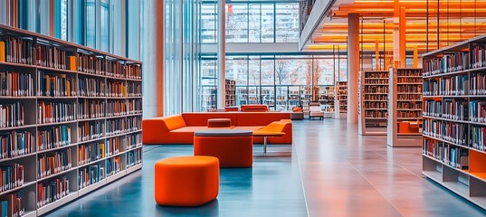 Poster - A modern library with comfortable seating areas, natural light, and stylish bookshelves