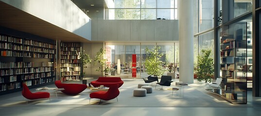 Poster - A modern library with comfortable seating areas, natural light, and stylish bookshelves