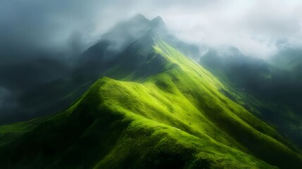 Wall Mural - Lush green mountain range shrouded in mist, dramatic lighting.