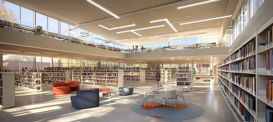 Poster - A modern library with comfortable seating areas, natural light, and stylish bookshelves