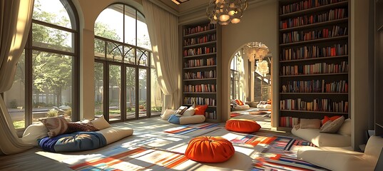 Poster - A modern library with open shelving, comfortable reading nooks, and stylish design elements