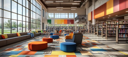 Poster - A modern library with open shelving, comfortable reading nooks, and stylish design elements