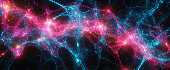 Poster - Abstract neon web of glowing pink and blue lines with bright light spots, symbolizing digital connectivity, energy flow, and futuristic technology