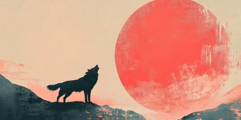 Wall Mural - Silhouette of a wolf howling at a large blood moon