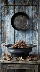 Wall Mural - Autumn leaves in bowl, rustic setting, old wood background, fall decor