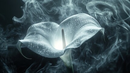 Wall Mural - Dewy Calla Lily in Smoky Dark Background; Mystical Floral Art