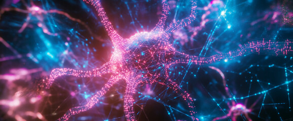 Aufkleber - Close-up view of a digital abstract representation of a glowing neural network with interconnected fibers in blue and pink, symbolizing data flow or artificial intelligence in motion.
