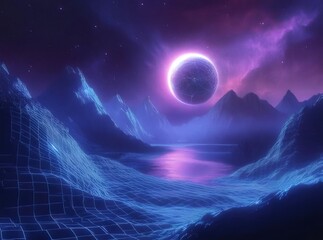 Wall Mural - Futuristic synthwave landscape with glowing planet and mountains.