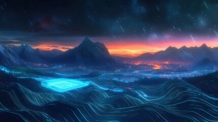 Wall Mural - Futuristic city nestled in a mountain valley under a vibrant night sky with shooting stars.