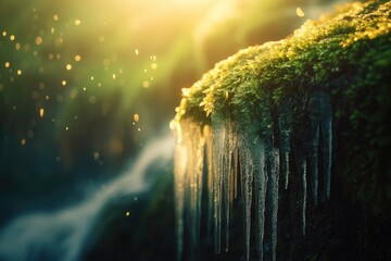 Canvas Print - Sunlight illuminates icy formations hanging from moss-covered rocks near a waterfall, creating a magical winter scene.