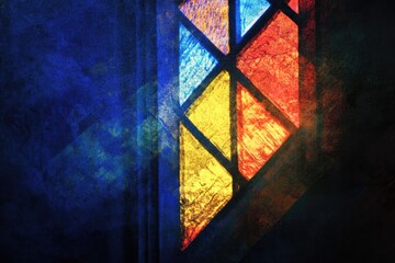 Wall Mural - Abstract stained glass window detail with vibrant red, blue, and yellow hues.