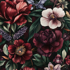 Wall Mural - A sophisticated floral illustration with large, dramatic blooms like camellias, orchids, and magnolias. The deep colors of wine, lavender, and emerald green create an elegant, luxurious design.