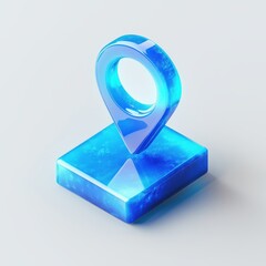 Poster - Glossy blue 3D location pin on a metallic square base, symbolizing navigation and mapping.