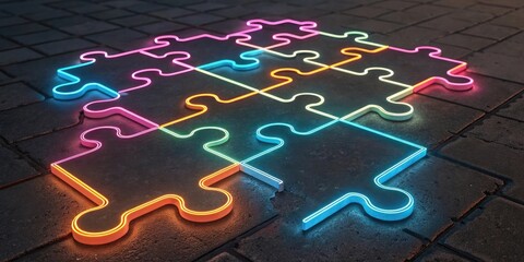 Wall Mural - Illuminated Neon Puzzle Pieces on a Reflective Surface in an Urban Environment at Night