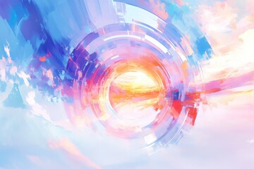 Wall Mural - Abstract pastel painting of a circular tunnel leading to a vibrant sunset landscape.