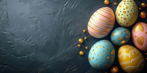 Wall Mural - Decorative Easter eggs in various colors and patterns arranged on a dark textured surface