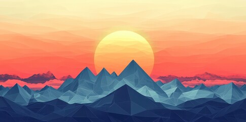 Wall Mural - Low poly mountain range under a large bright sunset