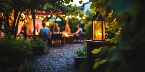 Wall Mural - Small garden terrace with garden furniture and lanterns and blurred people on background on warm summer evening.