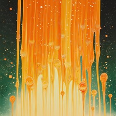 Poster - Abstract dripping golden orange liquid with glowing droplets on dark background