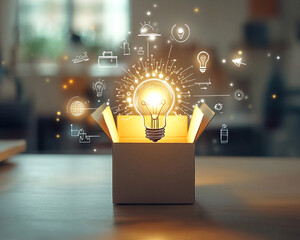 Poster - A glowing light bulb emerging from an open cardboard box with floating digital icons, symbolizing creativity, innovation, and new ideas in the modern business and technology world.