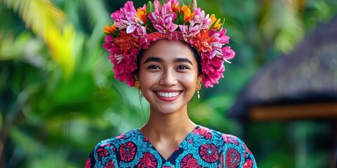 National Dress day. Smiling woman in colorful attire wearing a floral crown in a lush tropical setting.