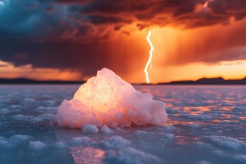 Canvas Print - A glowing ice chunk on a salt flat during a dramatic sunset with a lightning strike in the background.