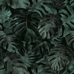 Wall Mural - A rich, dark-colored leaf illustration featuring large monstera and philodendron leaves in deep emerald and forest green. The natural texture and intricate veins of each leaf add depth and