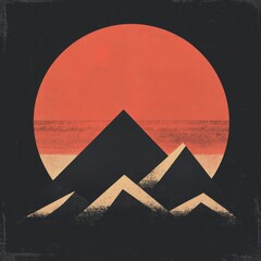 Wall Mural - Geometric mountains are silhouetted against a large setting sun