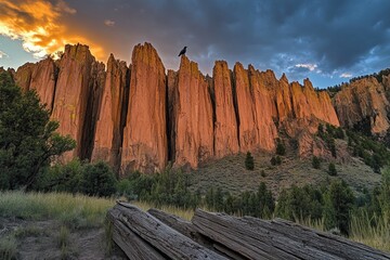 Canvas Print - Sunset illuminates dramatic sandstone cliffs, a lone bird perched atop, showcasing nature's beauty.