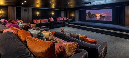 Poster - A stylish private cinema with plush seating, a large screen, and sophisticated decor
