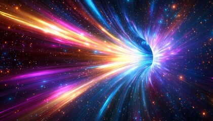 Wall Mural - vivid warp speed dynamic streaks of vibrant light through a curved space-time tunnel, 3d rendered